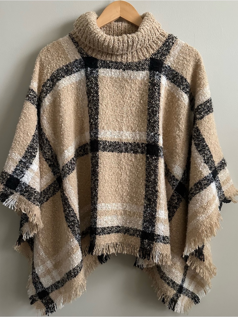 Serra Neutral Plaid Cowl Neck Fringed Poncho Cape One Size